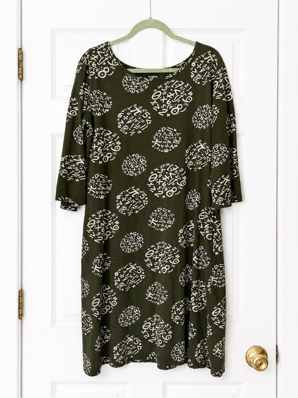 Svaha USA Math Equations A-Line Dress Olive Green Pockets Organic Cotton Sz XL